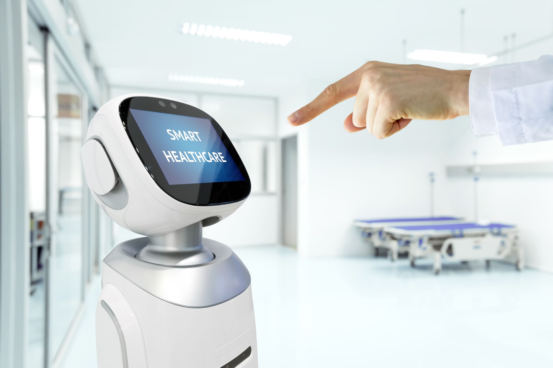 Robotic advisor service technology in healthcare smart hospital , artificial intelligence concept. Doctor finger point to robot.
