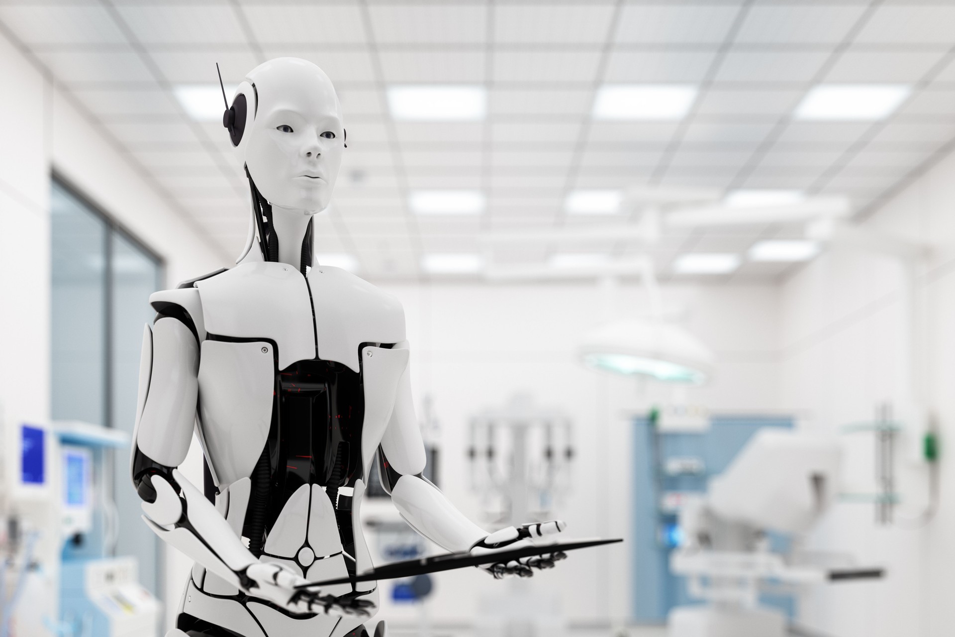 Close-up View Of Humanoid Robot Doctor Holding Medical Folder In Hospital