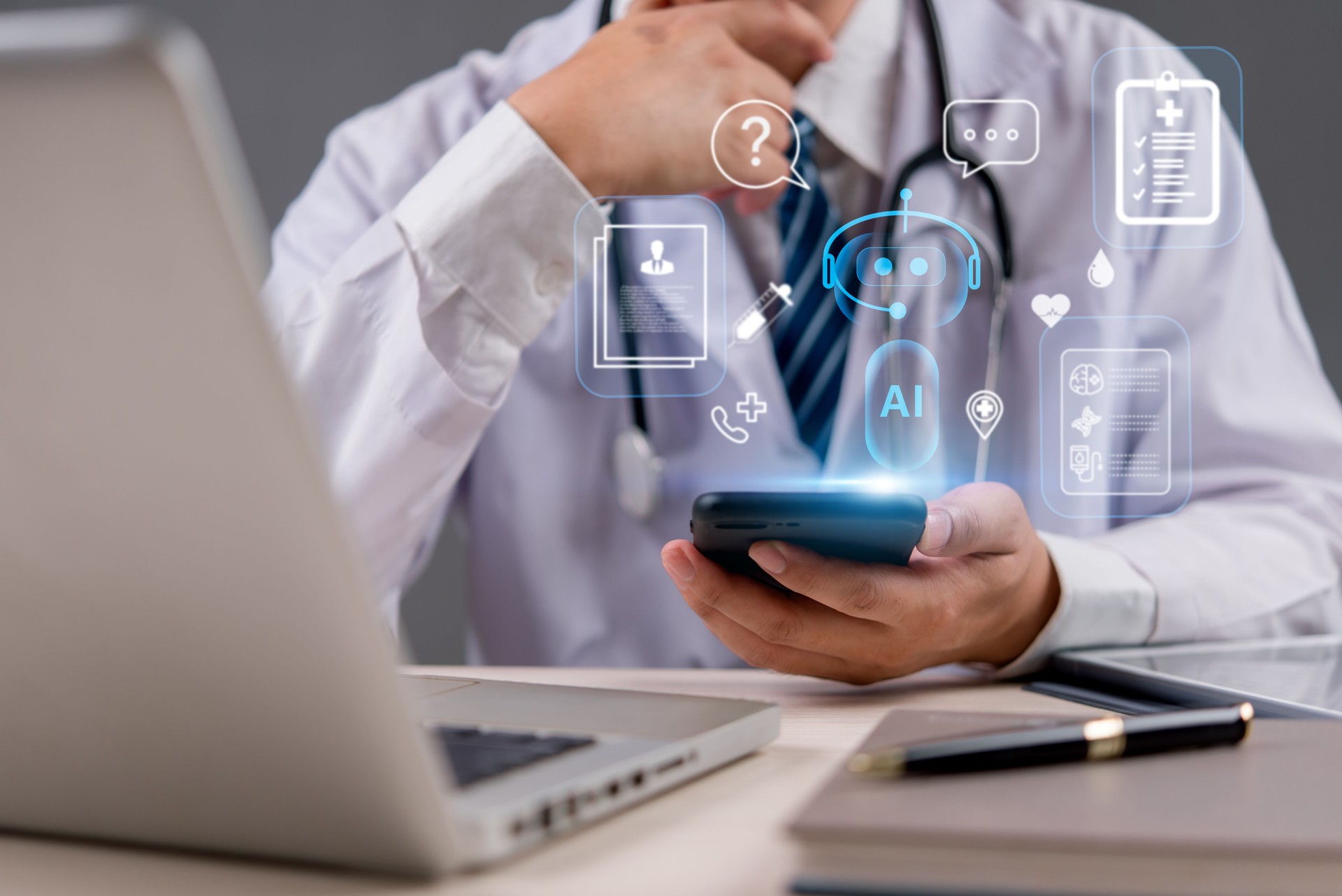 Futuristic AI assistant for online medical consultation and healthcare analytics. Artificial intelligence healthcare enhancing remote consultation and patient care. digital health and telemedicine.
