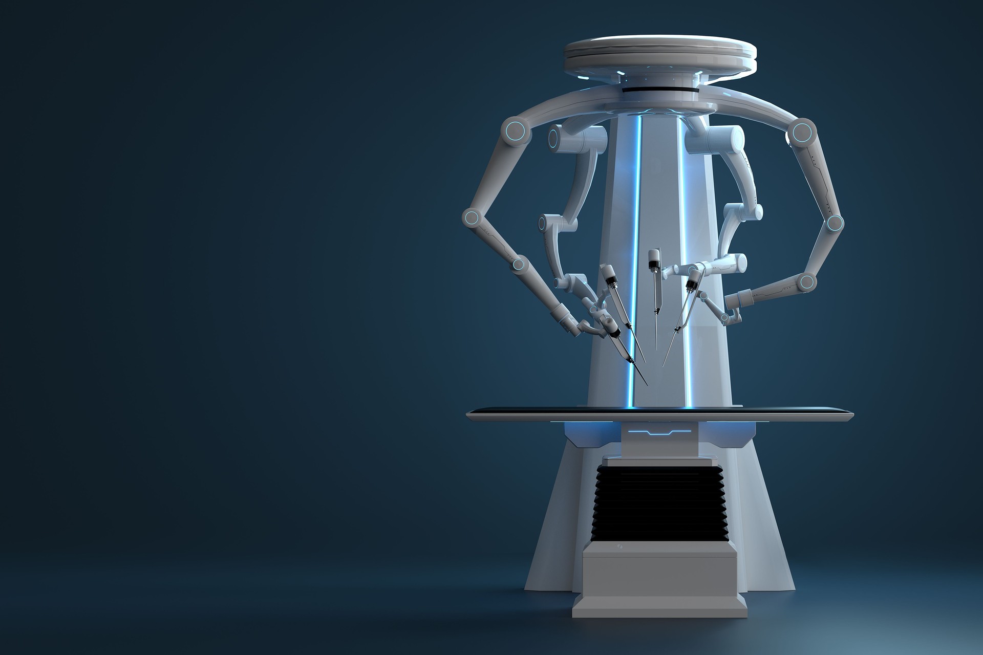 Robot surgeon, robotic equipment. Minimally invasive surgical innovation with three-dimensional overview. technology, the future of medicine, surgeon. 3D render, 3D illustration.